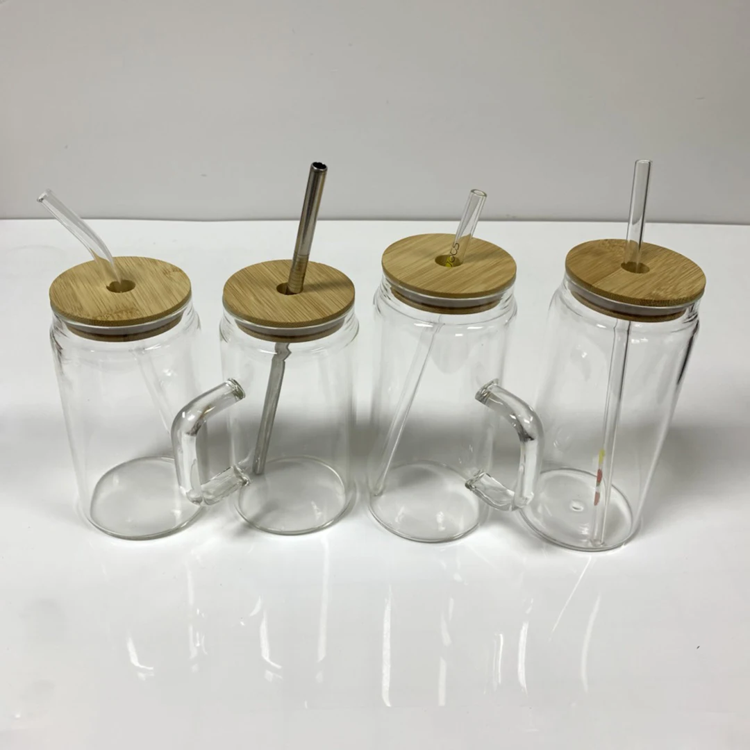 NO MOQ high borosilicate glass sublimating tumbler  with handle 16oz 18oz glass tumblers with bamboo lid straw