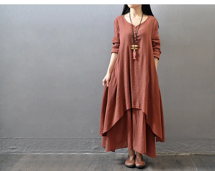 HKRED RTS Wholesale Lady Solid Color Long Sleeve Cotton Korean Maxi Women Linen Dress With Plus Size Casual Dresses