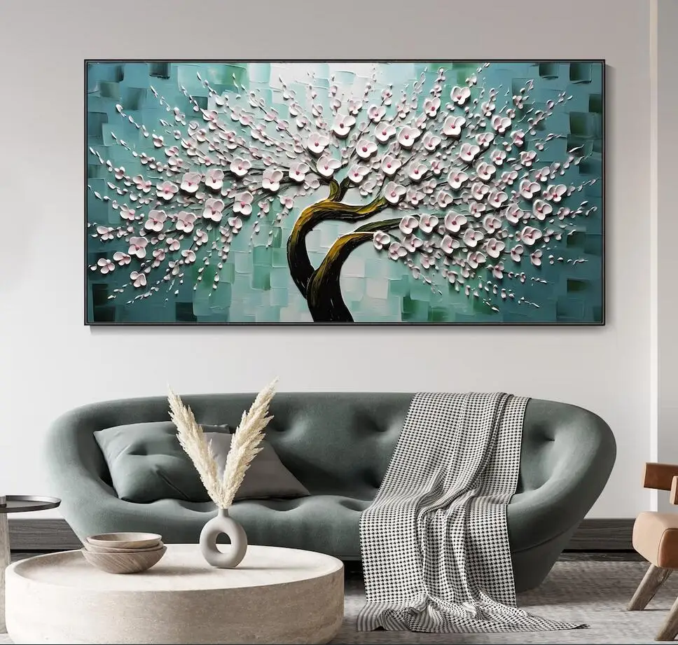 100% Hand Painted Tree Plant Canvas Art White Flower Tree Wall Decor Painting Fashion Wall Decor Art Living Room
