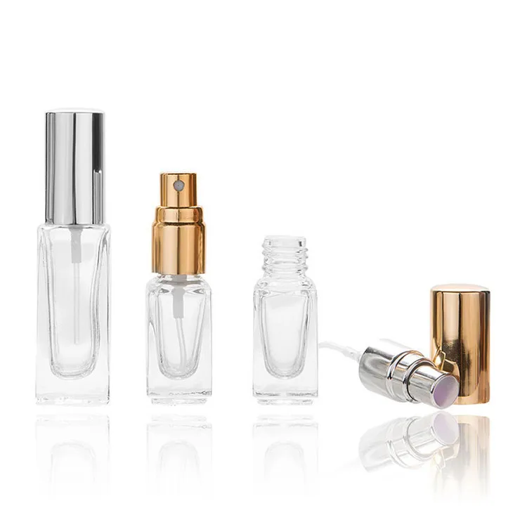 free samplemini 3 6 10 20 ml empty square refillable clear perfume gold silver mist spray glass bottles 10ml 20ml with screw cap