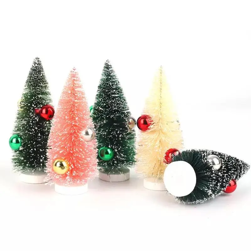 Mini Christmas Tree Pine Trees Frosted Sisal with Wooden Bases with Light Bottle Brush for Xmas