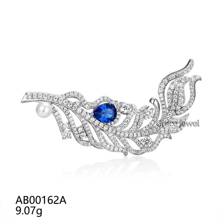 Grace Jewelry Unique Peacock Feather Flower Pear Gemstone Fine Fashion Jewelry Silver Luxury Brooches for Women