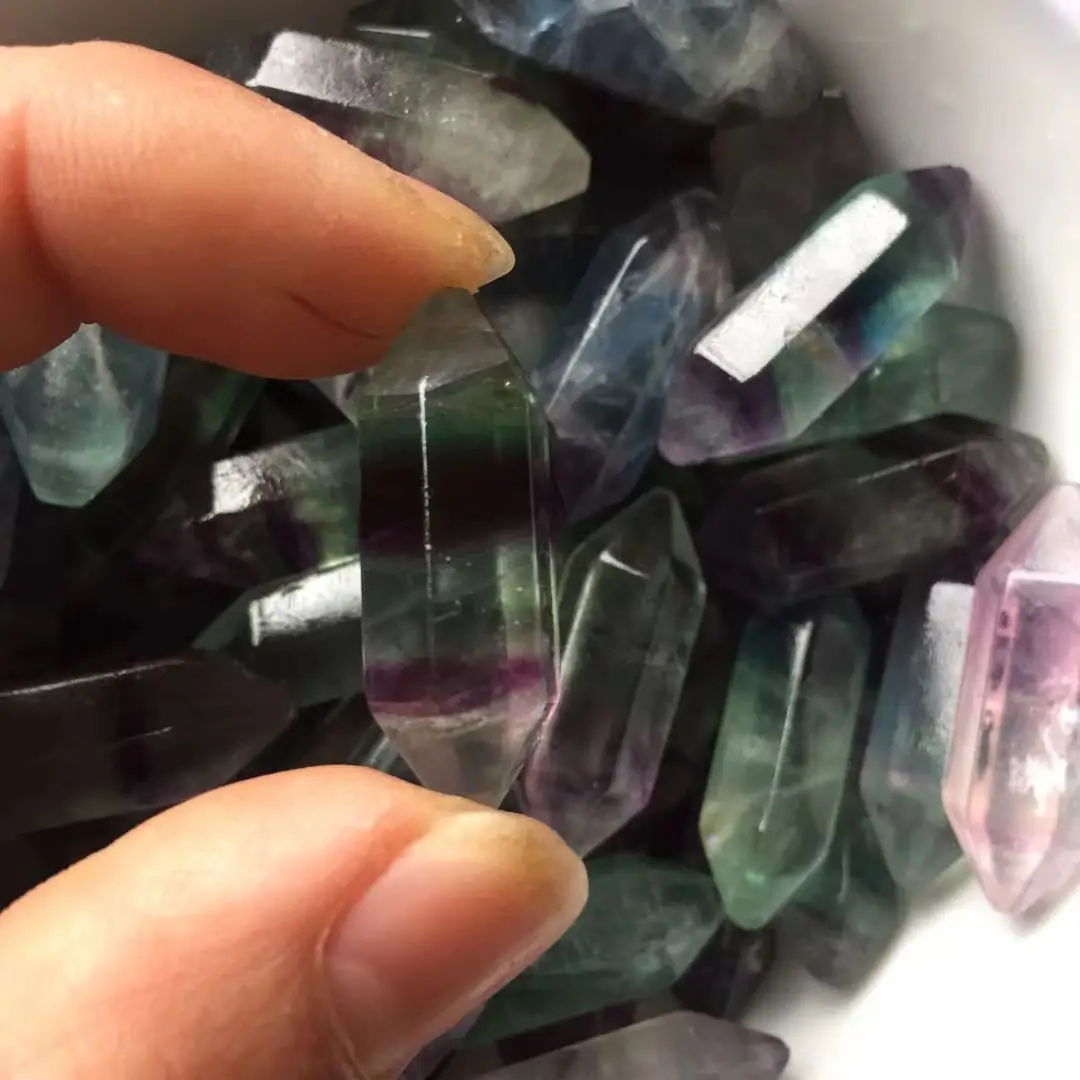 Factory Direct sales natural stone two-pointed colorful fluorite hexagonal column necklace