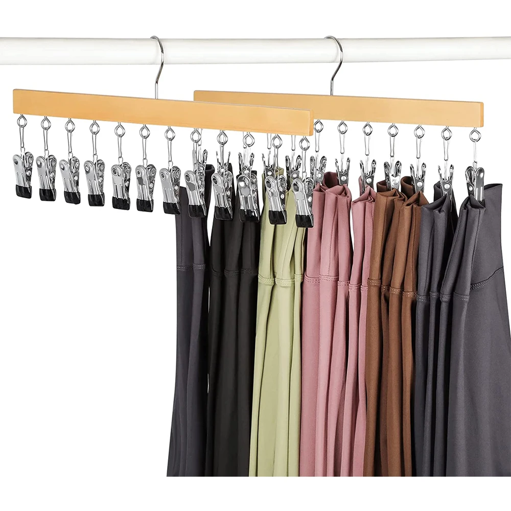 LINDON Wooden 12 Metal Clips Space Saving Hangers Legging Organizer for Hats Skirts Tank Tops Ties Camisoles