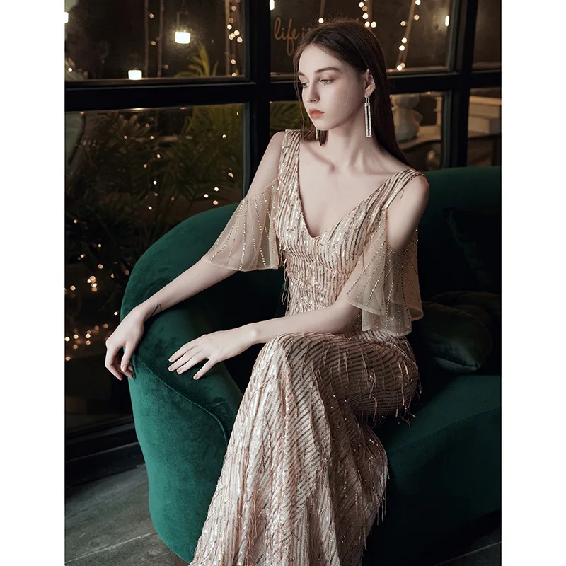 Sequin Tassel Drill Off Shoulder Sleeve Fish Tail Evening Dress Women Prom Wedding Dresses