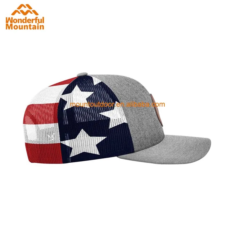 Custom leather patch logo back American flag 6 panel mesh trucker hat