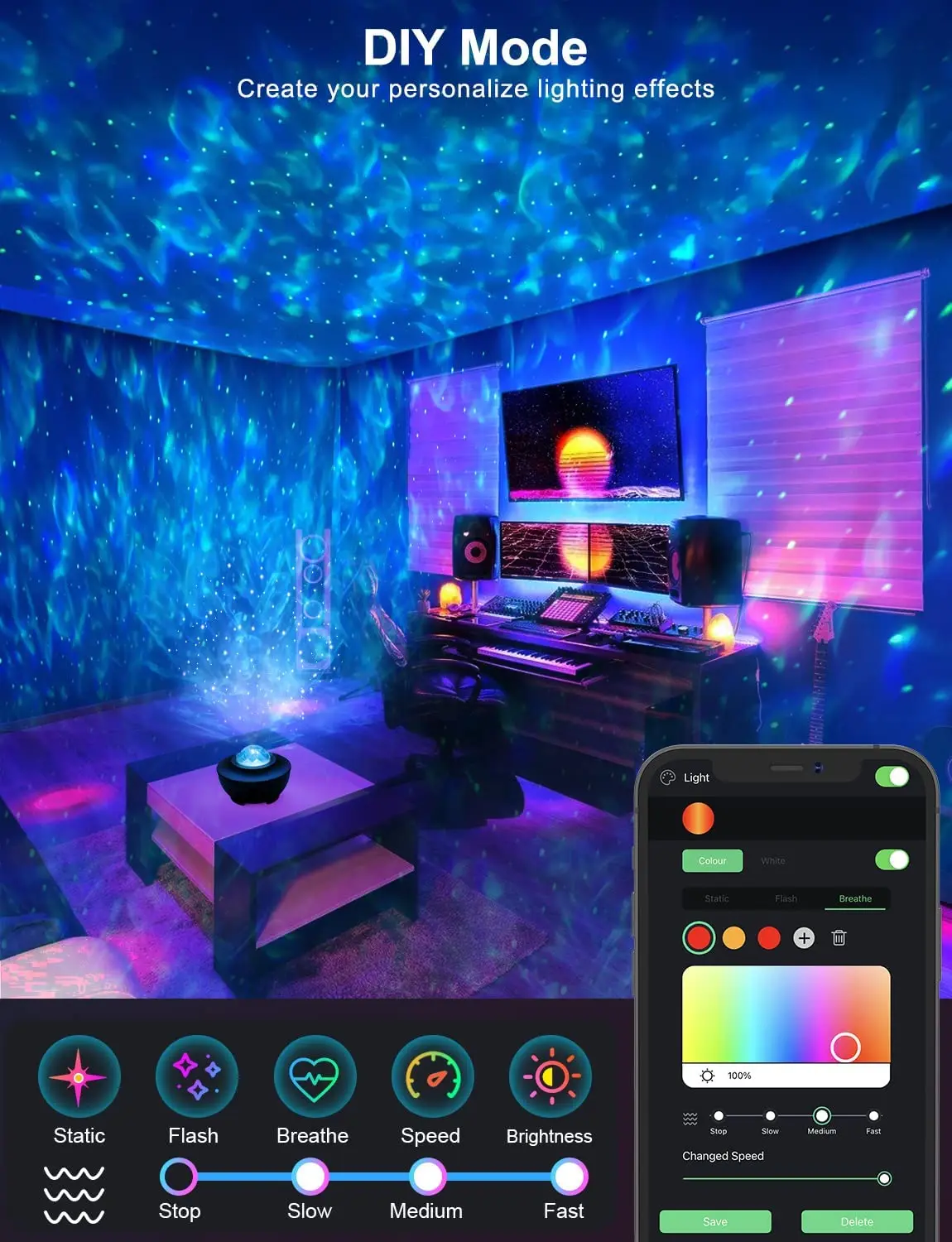 Star Projector Night Light with Remote Control Music Speaker Voice Control Timer RGB Laser Starry Light Projector