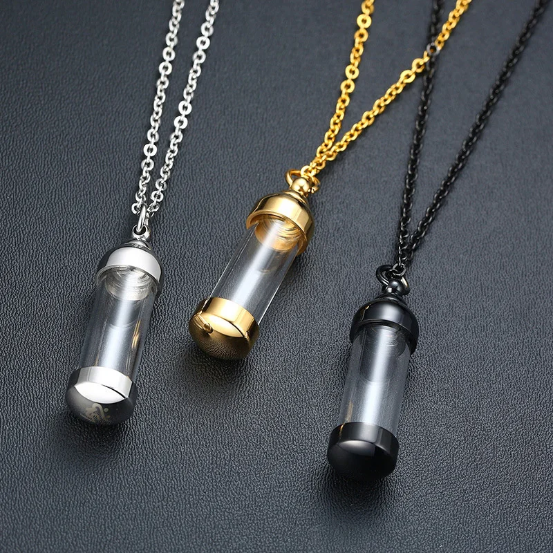 Can Open Container Diy Necklace Jewelry Black Silver Gold Plated Stainless Steel Necklace Glass Bottles Necklace For Pet Ashes
