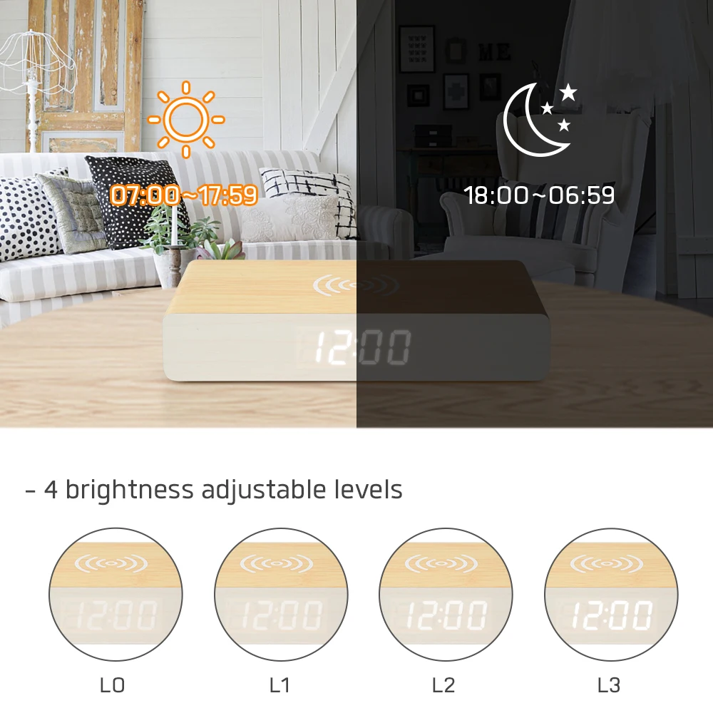 Wooden Wireless Wood Charging Alarm Led Qi Fast Charge Phone Charger Clock
