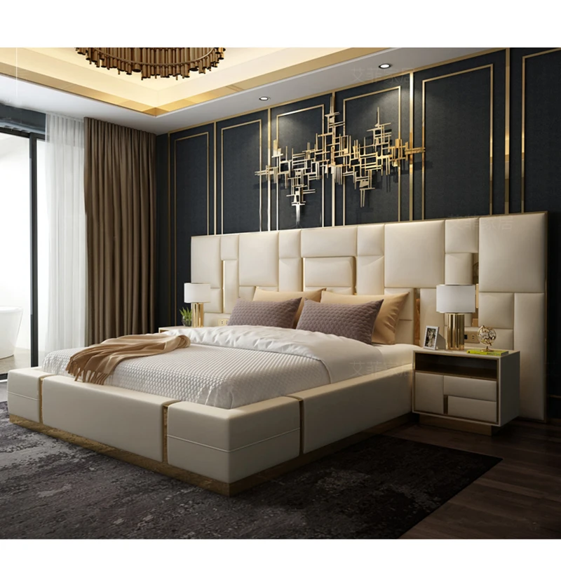 Modern large double king bed frame luxury master bed set bedroom furniture on sale