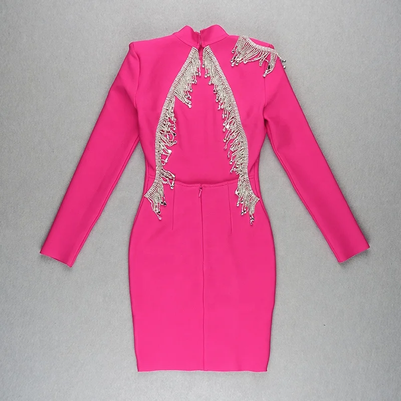 Women White Black Sexy Sparkly Backless Diamond Tassel Vestido Bandage Dress Long Sleeve Bodycon Club Evening Party Mini Dresses