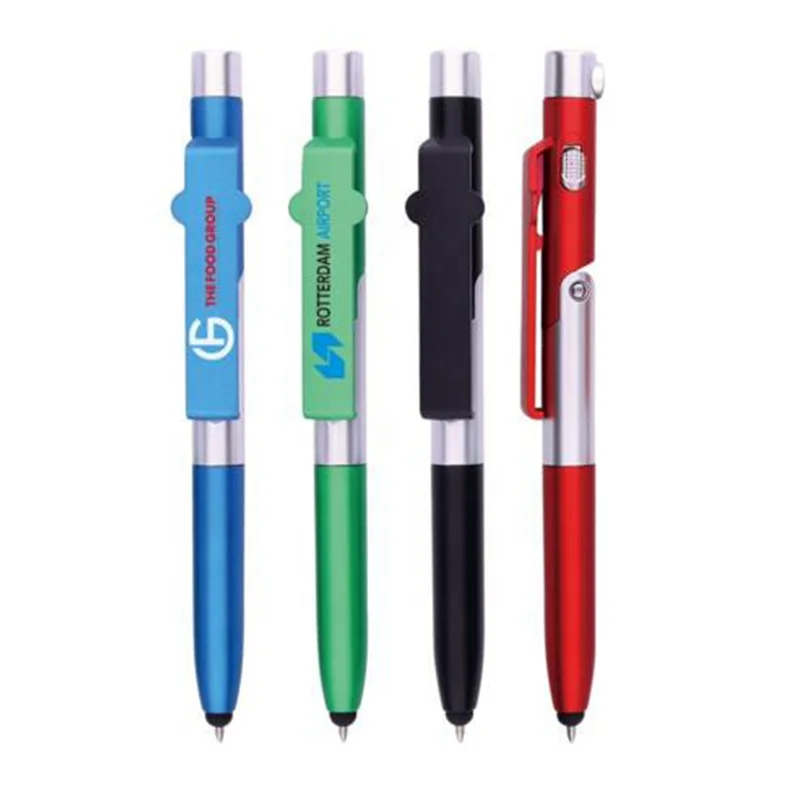 4 in 1 promotional gift multifunctional stylus phone holder LED light plastic pen with stand