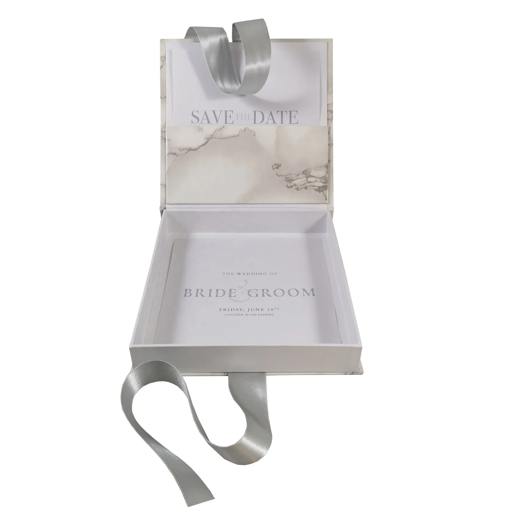 Роскошная прямоугольная Белая Мраморная бумажная коробка для приглашений с лентой