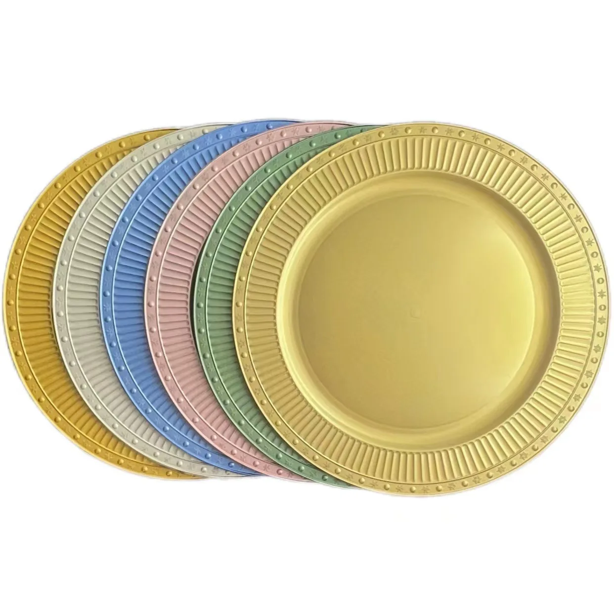 BST Custom wedding hotel colored shinny gold yellow plastic charger plates rose gold pink wholesale