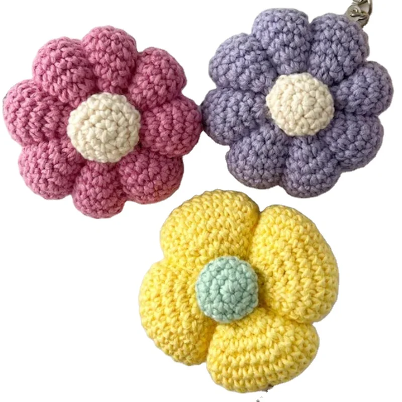 New Handmade Flower Knitted Keychain Keyring Women Crocheted Wool Flower Leaf Key Ring Chains 100% Cotton Handbag  Gifts