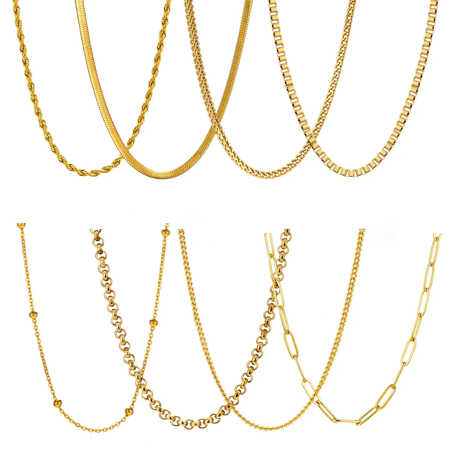 Fashion Waterproof Stainless Steel Gold Chain Necklace Bead Snake Paperclip Cuban Chain Choker Necklace