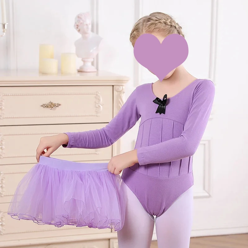 2pcs Ballet Dress Gymnastics Leotards for Girls Kids Long Sleeve Ballet Dancewear Chiffon Skirts Kids Bowknot Dance Leotards