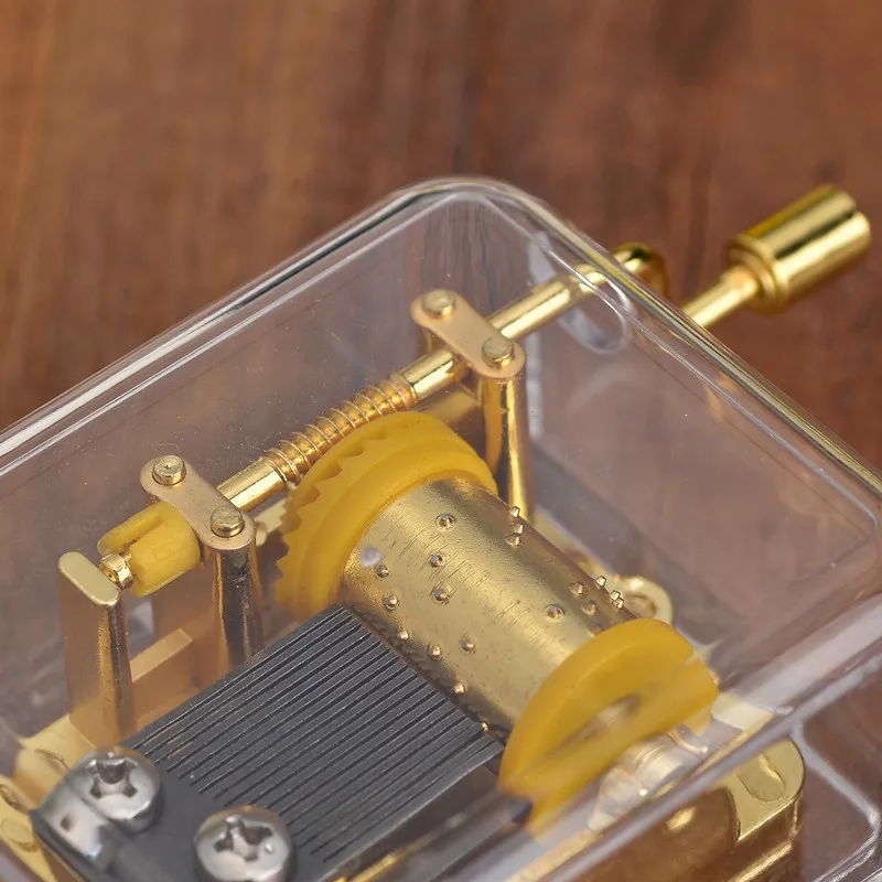 clear acrylic plastic rectangle shape music box with 18 note hand crank musical movement