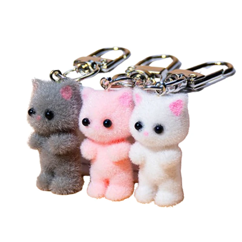 Cute Cartoon Plush Cat Keychain 3D Flocking Animals Doll PVC Key Chains Pom Pom Keychain handbag Charms Car keyring For Girls