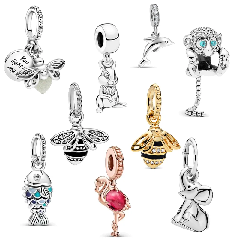 925 Sterling Silver Dolphins Rabbit Bees Elephant Fish Monkey Luminous Firefly Pendant Beads Fit Original Charms Bracelet DIY