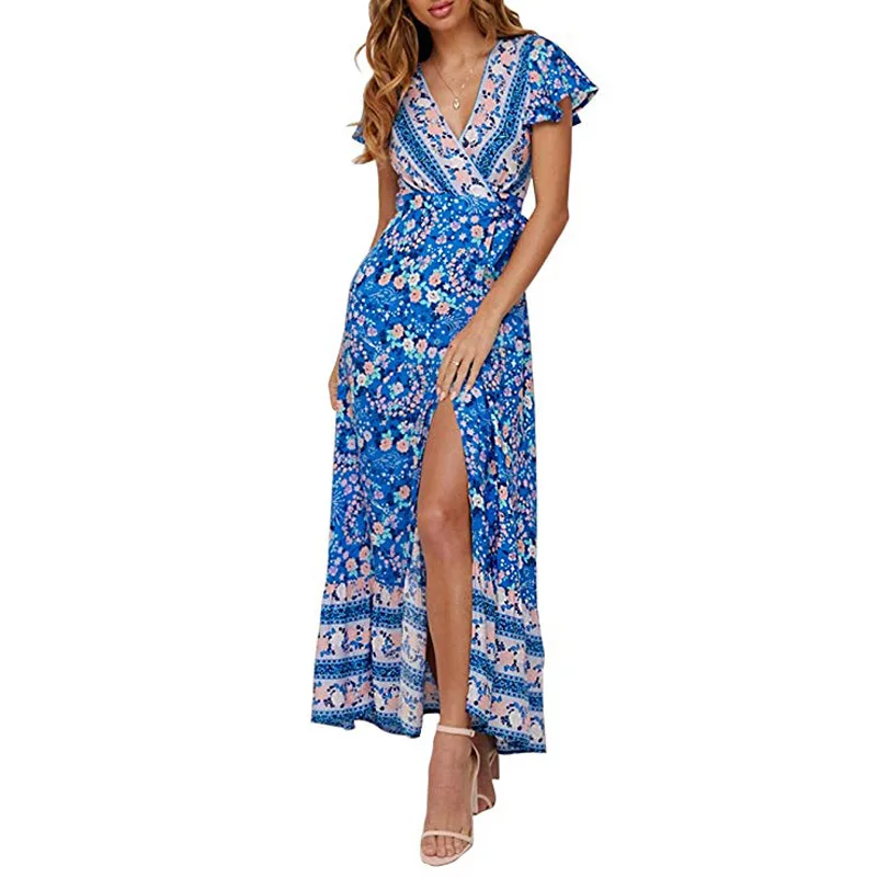 2022 Women Boho Casual Sexy Deep V Neck Short Sleeve Casual Bohemia Dress Floral Fall For Women summer