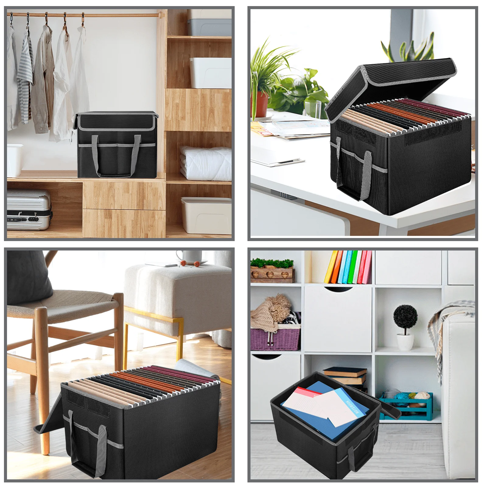 Waterproof Fireproof Foldable Storage Case Square Shape Collapsible Filing Organizer with Lock and Handle for Document Storage