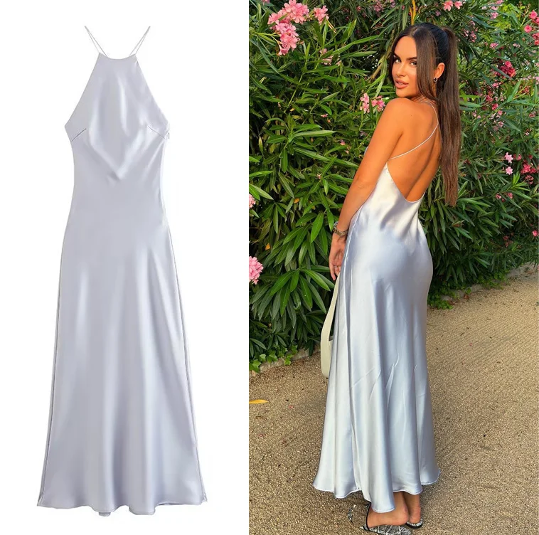 9588 High Quality 2024 New Chic Summer Women Suspender Satin Silk Dresses Sexy Party Prom Street Wear Maxi Dress