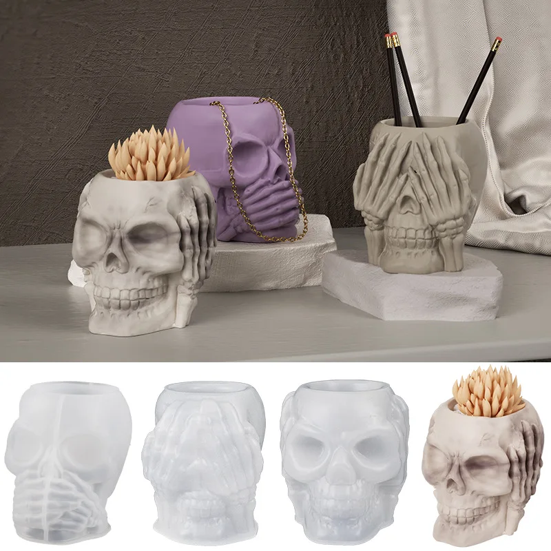 M4343 Skull Pen Holder Mold Storage Box Halloween Gypsum Decoration Silicone Mold