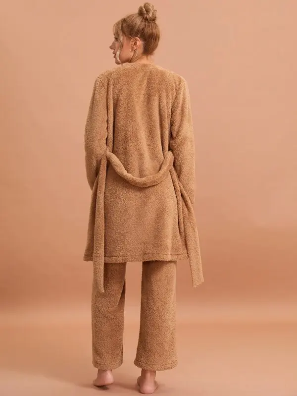 MGOO 3pack Solid Flannel PJ Set And Belted Robe Winter Warm Pajama 3pcs Teddy Loungewear