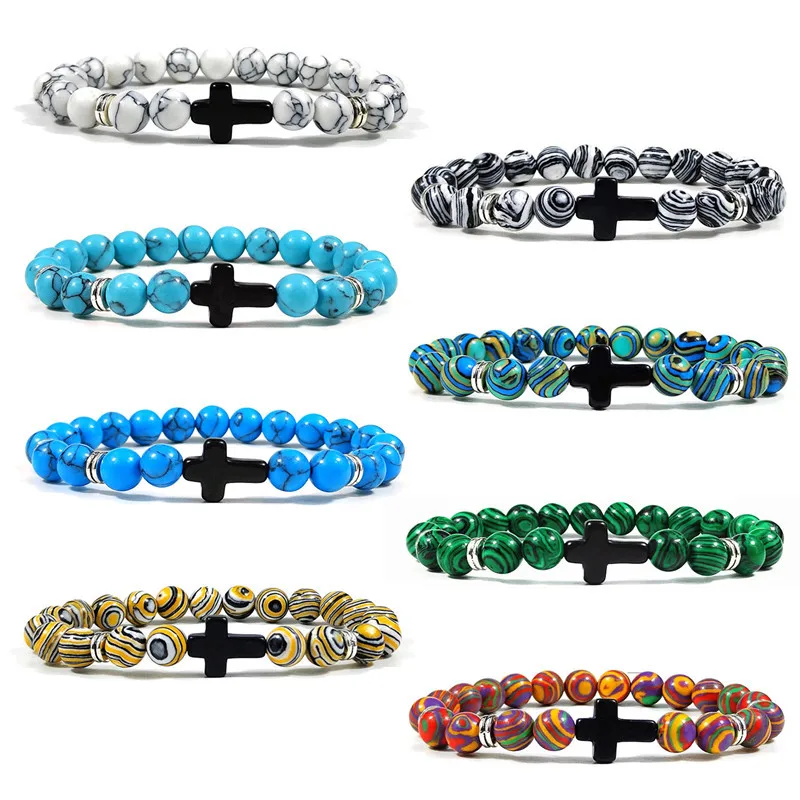 Turquoise Cross Beaded Bracelets Fashion Natural Sapphire Green Malachite Dainty Adjustable Religious Cross Beaded Bracelets