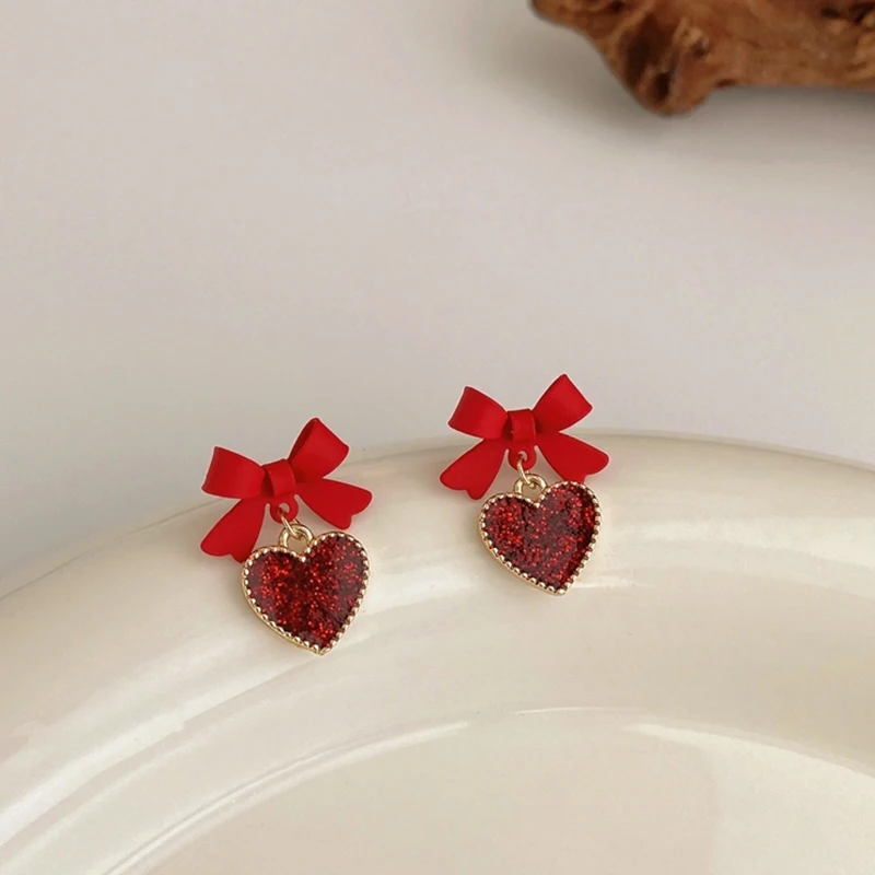 ED64858 Korean cute red heart hypoallergenic bowknot earrings fashion 14K gold plated women jewelry