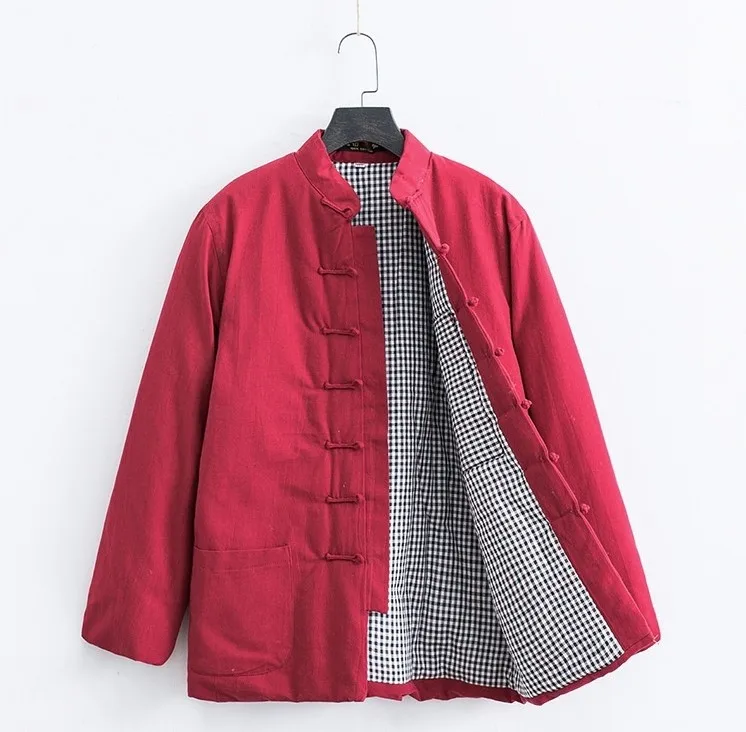 Men Traditional Chinese Retro Tops Tang Suit Winter Warm Cotton Jackets Stand Collar Button Kung Fu Coat Tai Chi Winter Clothes