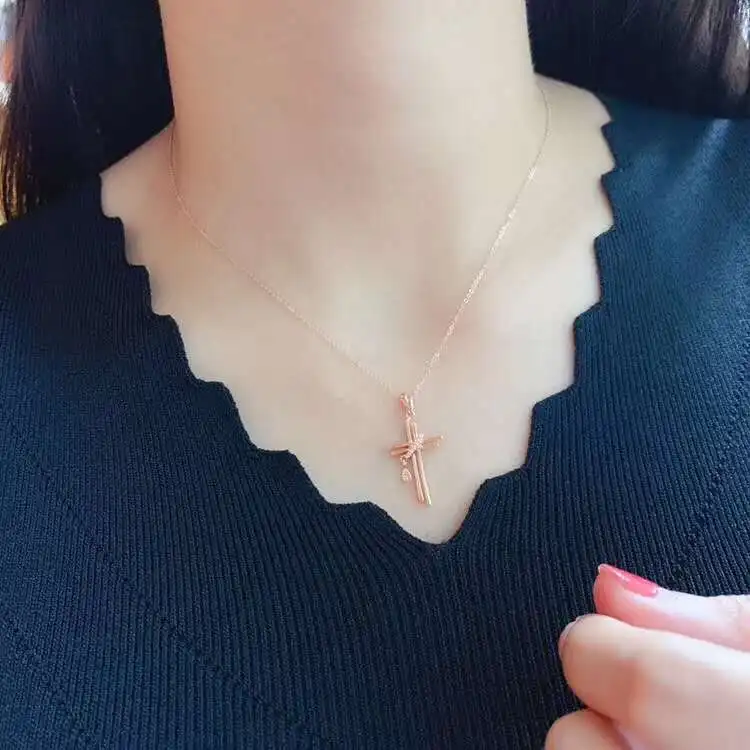 Wholesale delicate design double cross 18K Solid Gold diamond  Pendant Fashion Necklace for women