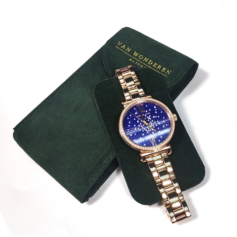 Wholesale hot selling free size transparent bag for hand watch case green velvet pouch plastic bag for watch straps