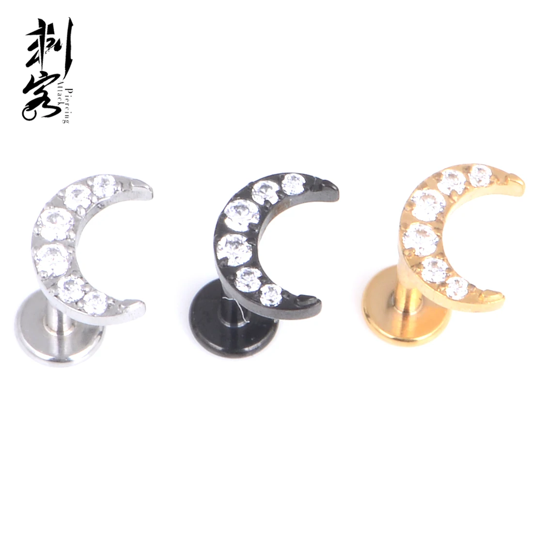 316L Stainless Steel Internal Thread Lip Rings Labret with CZ Paved Crescent Moon Top