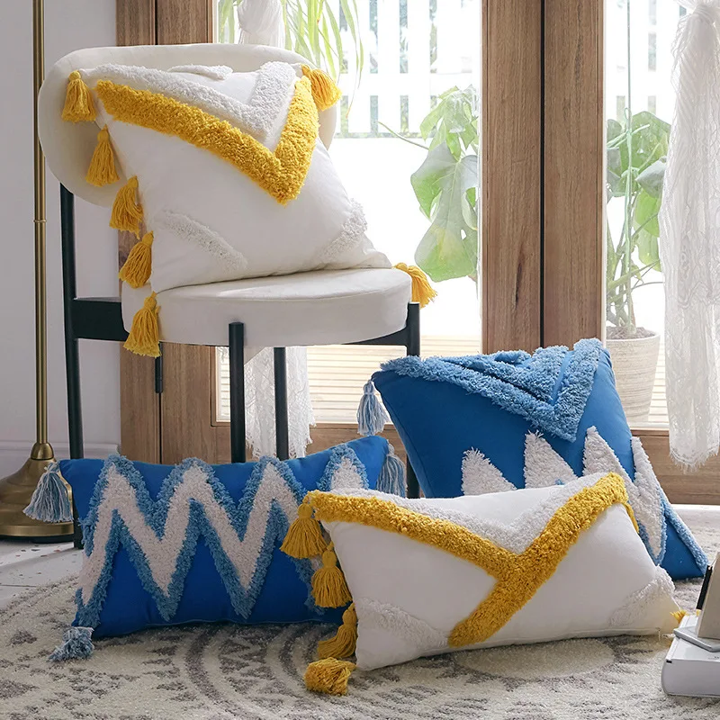 
Household Decorative boho blue embroidery bohemian macrame pillow decor cotton cushion covers with Tassels 