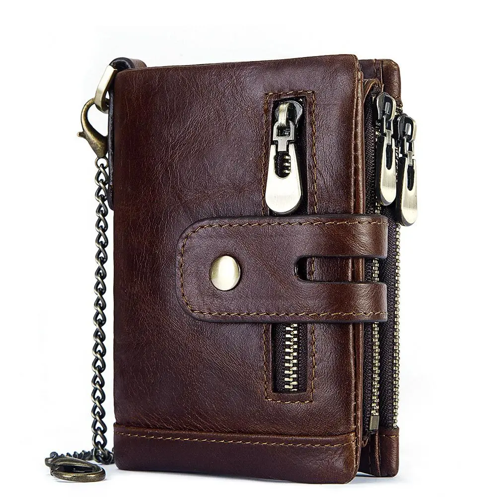 
Luxury Genuine Leather Card Holder Wallet Vintage Men RFID Short Coin Money Bag 3 folder High Capacity Male Purse With Chains 