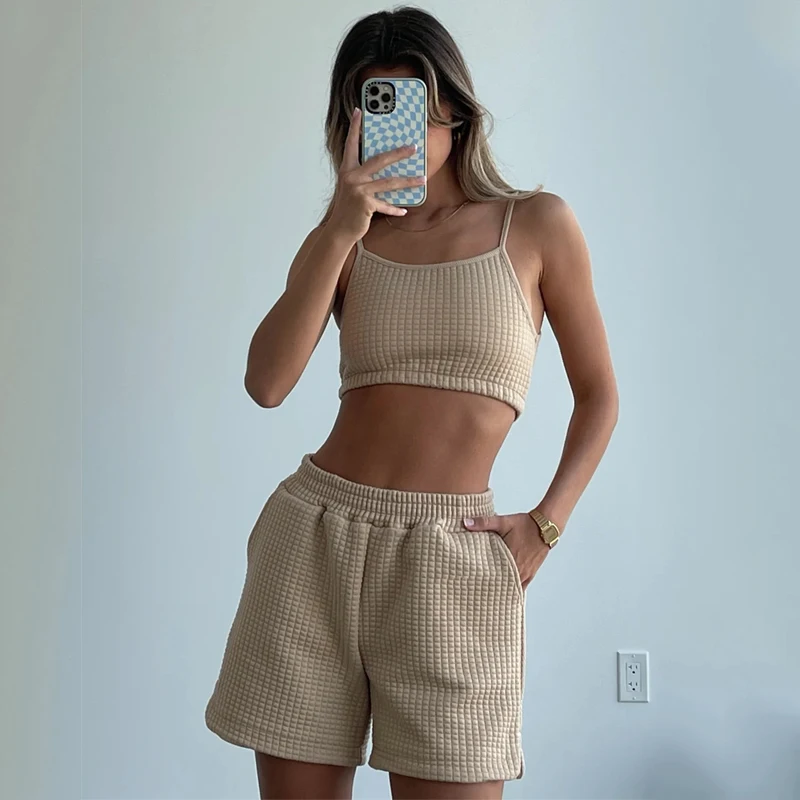 Custom Women Clothing Summer Casual Lounge Wear Quilted Cloud Tube Top Shorts Set Women Two Piece Short Set