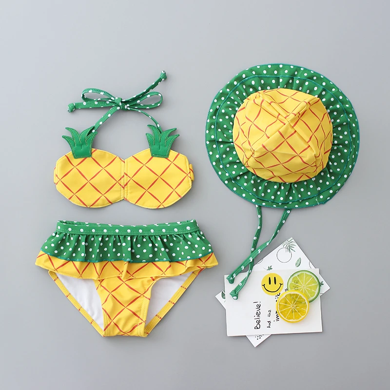 Baby Yellow Bikini Pineapple Strawberry Cute Two Piece Child Swimwear Comfortable Girls Bathing Suit With Hat