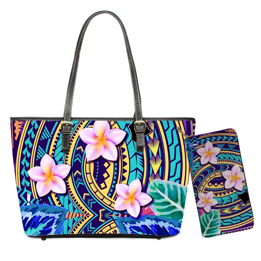 
Polynesian Tribal Graffiti Design Leaf Floral Printed Ladies Hard PU Leather Large Tote And Long Wallet Set Women Bag Wholesale 