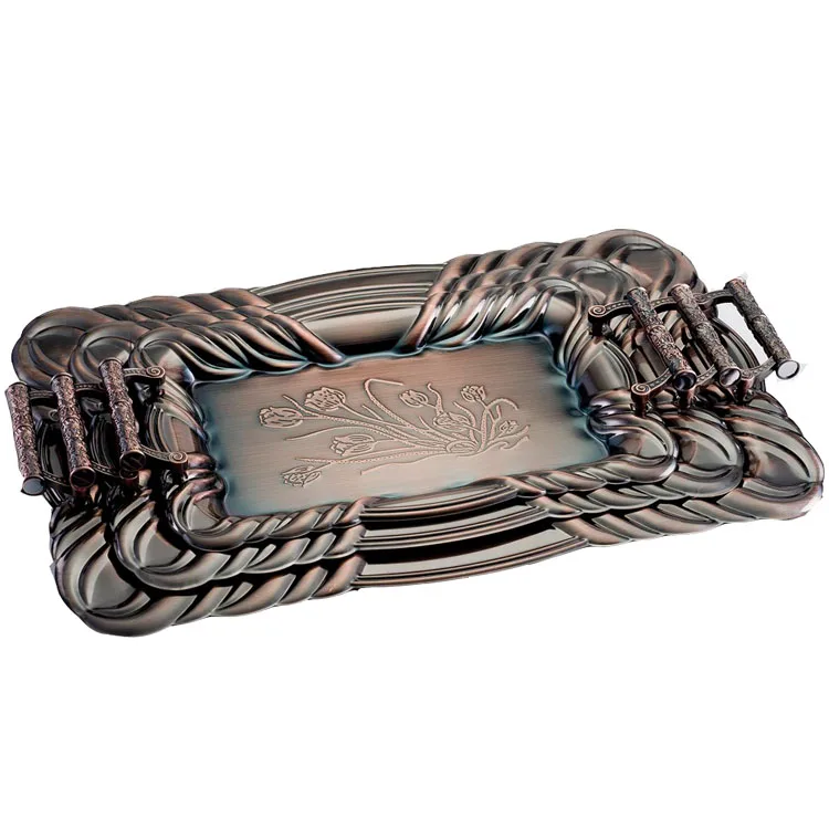 Wholesale Stainless Steel Gold Serving Tray Metal Fruit Tray For Restaurant Hotel Party Weeding With Double Handle