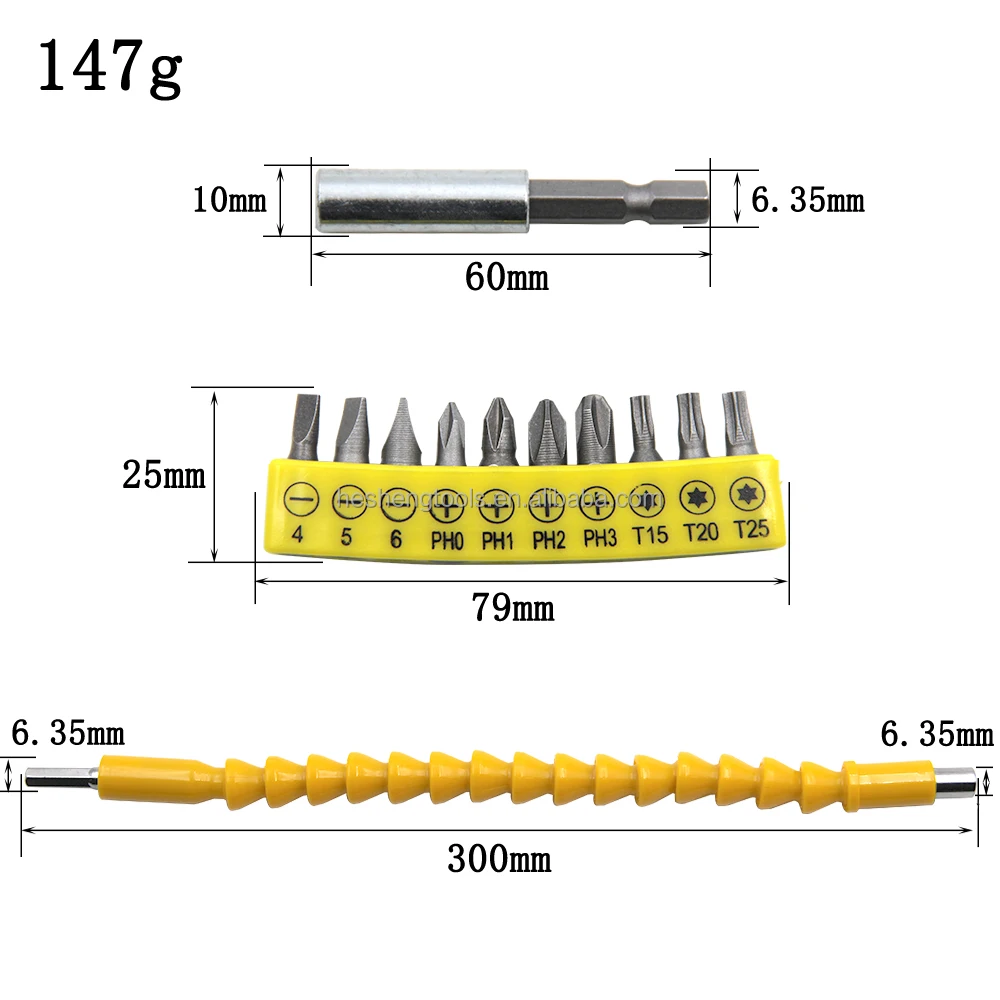 3pc screwdriver handle rubber strip screwdriver set with 60mm extension rod yellow universal flexible shaft
