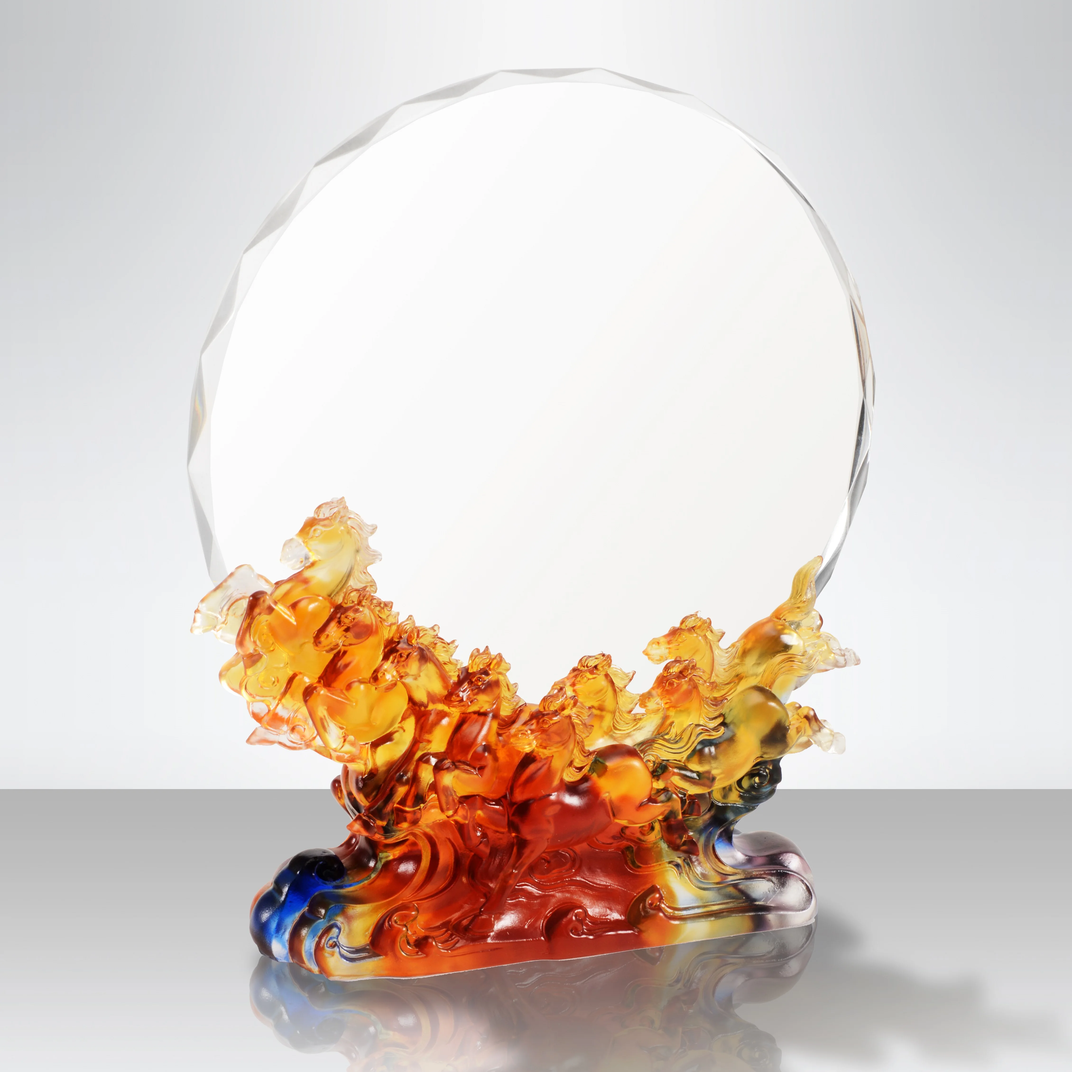 Brand New High Quality Eight Horses 3D Laser Engrving Round Plaque Crystal Trophy Creative Crystal Trophy