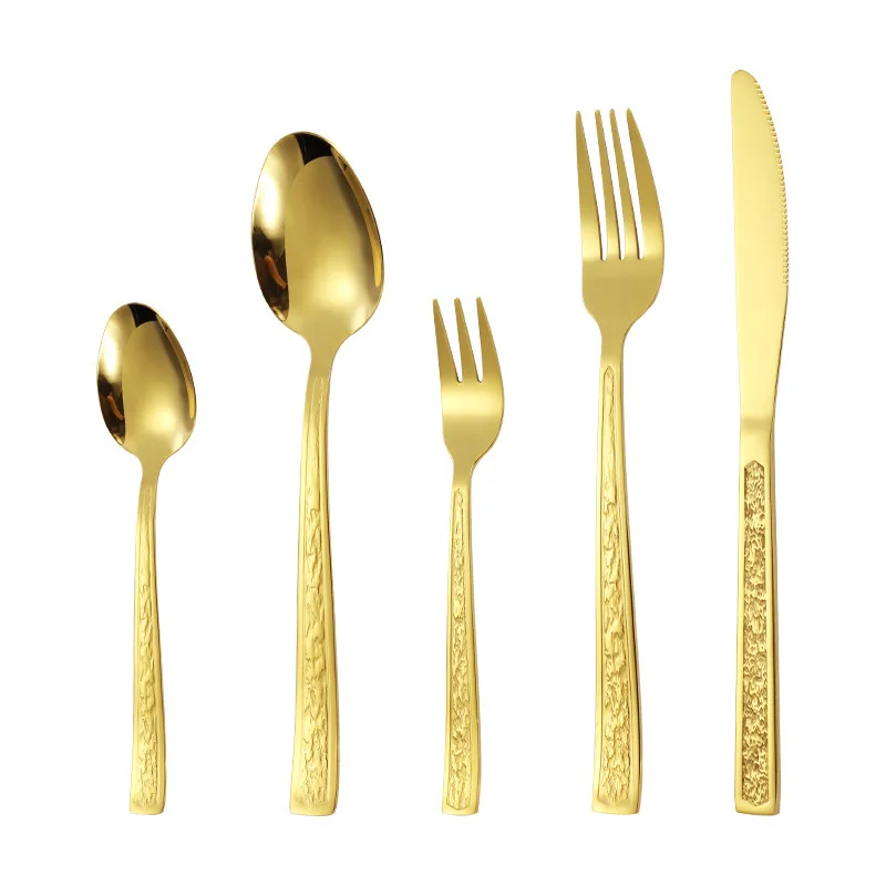Hammered handle stainless steel silverware metal spoon knife and fork western tableware mirrored cutlery set