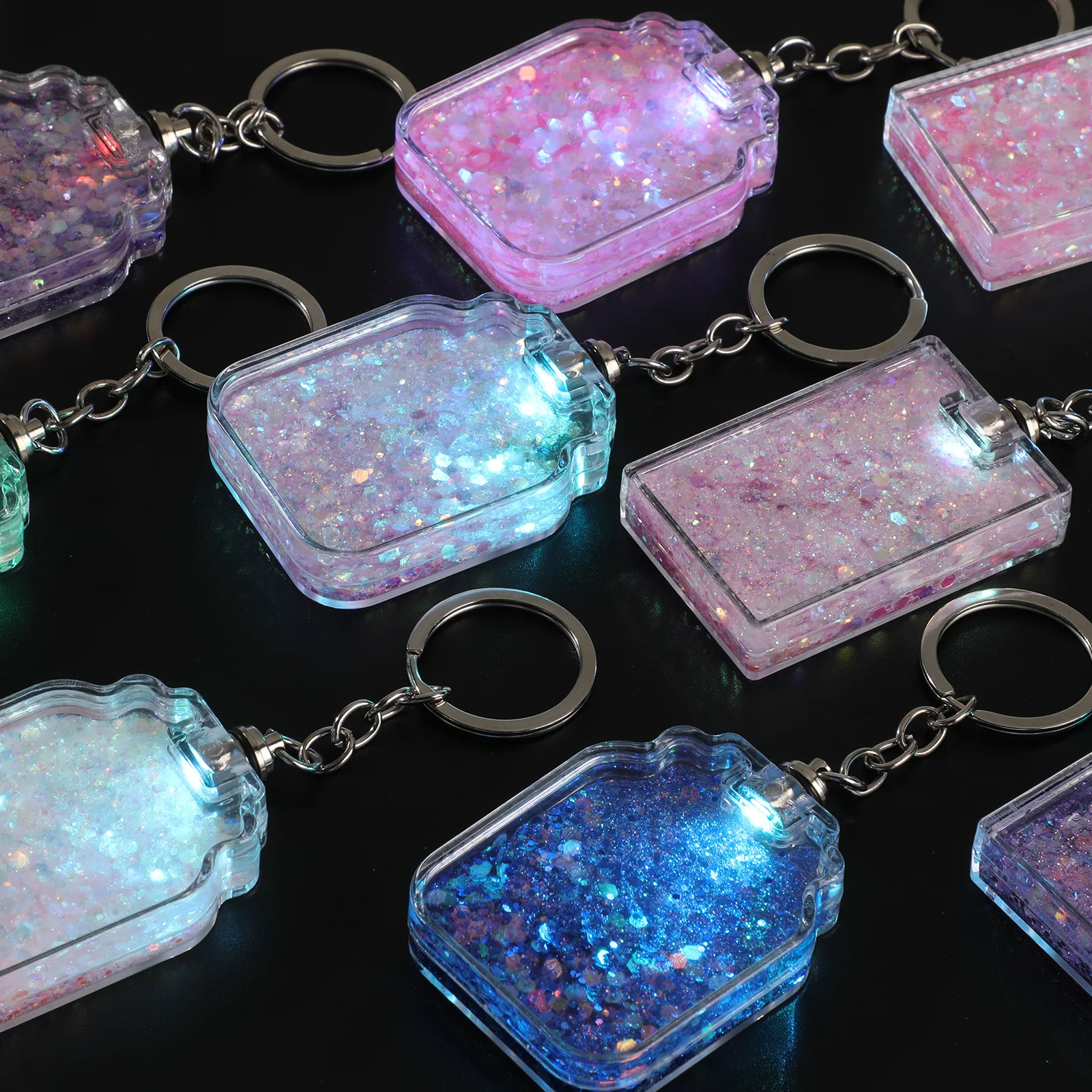 Hot Selling Custom LOGO DIY Sticker LED Shiny Light Multicolor Quicksand Glitter Acrylic Liquid Keychain