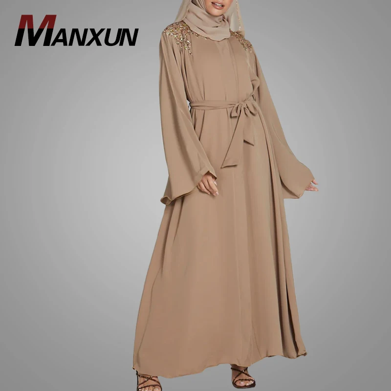 Robe Style Muslim Women Dress Beaded Shoulder Front Open Kimono Abaya Elegant Lady Wear