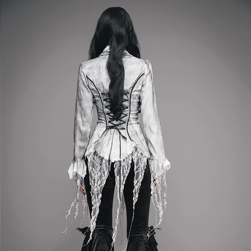 ESHT002 Eva lady brand steampunk hand painted white gothic women blouse with lace tassels