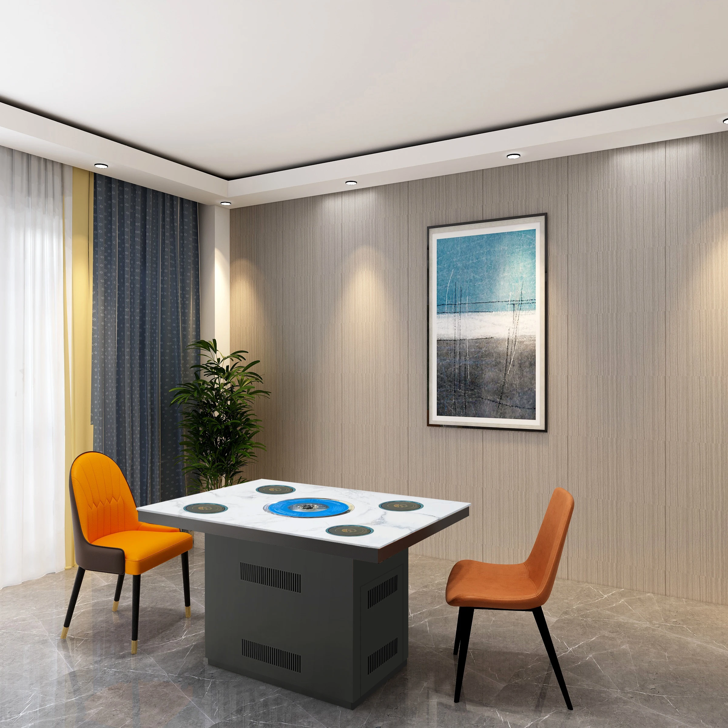 Restaurant table with electrical bbq grill and hot pot induction cooker