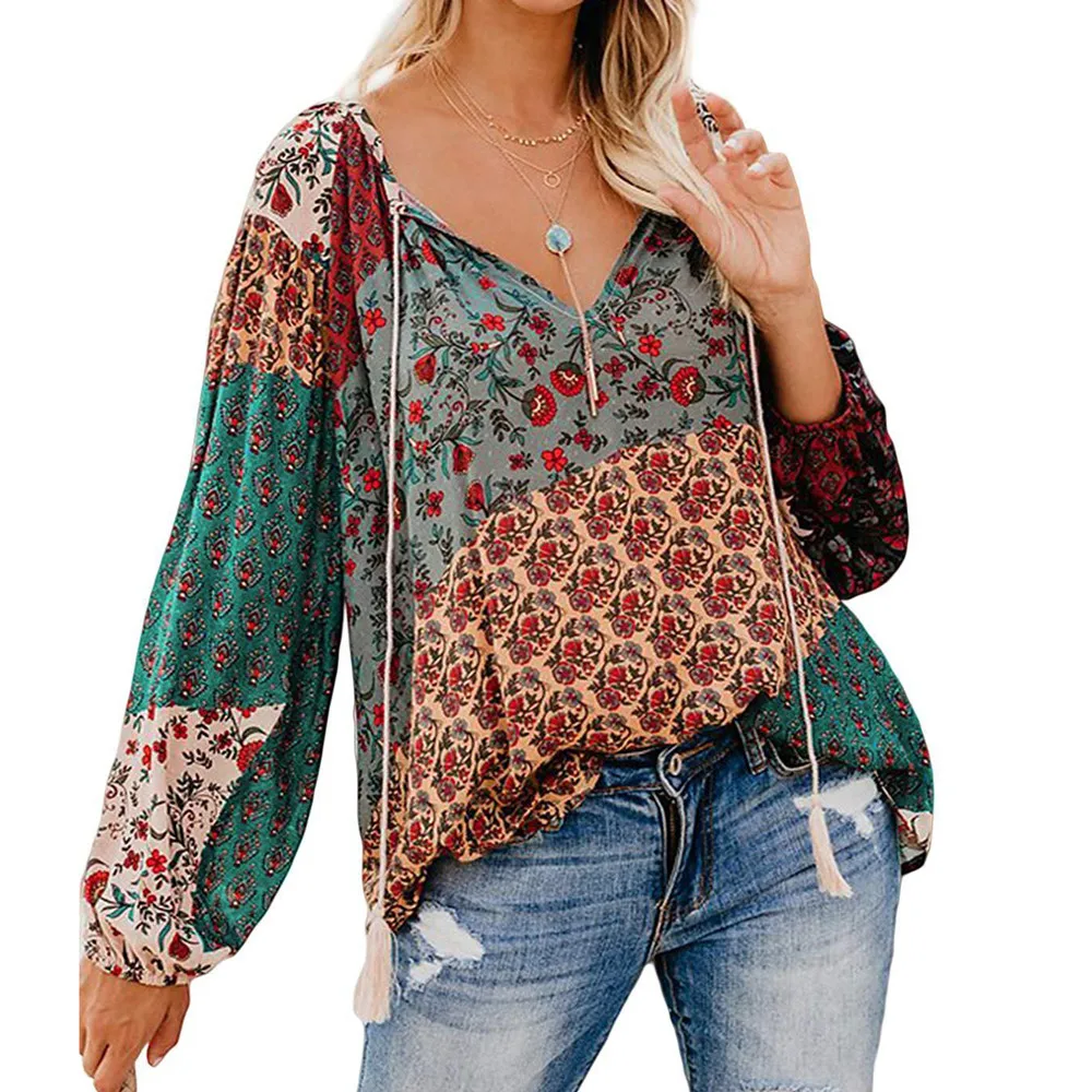 
Women Blouses Casual Loose Floral Print V Neck Long Sleeve Shirts Blouses Lady Tops 