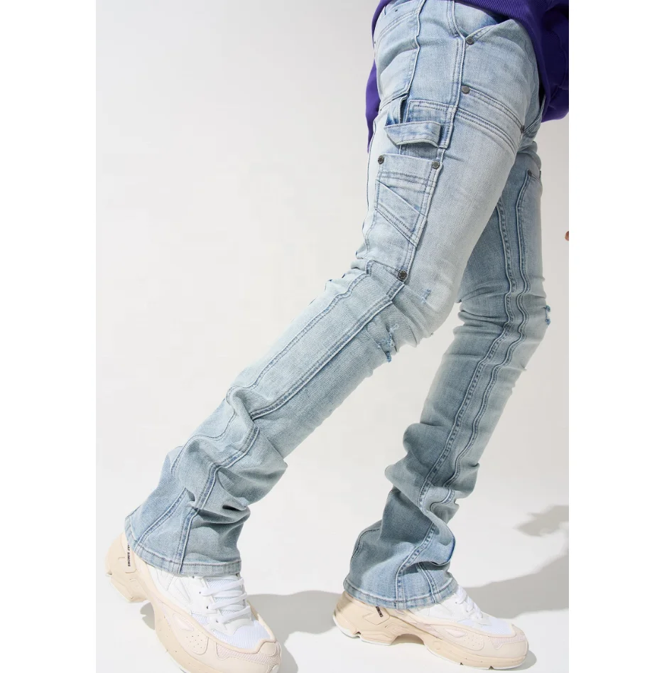 HG high quality light blue wash with carpenter panels distressed ripped skinny fit stacked jeans